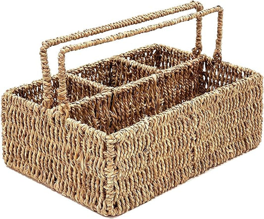 PEMAR Large L-Sized Hand Woven Utensil Caddy Carrier, Natural Jute Wicker Condiment Holder for Table, Kitchen Set Counter Top Silverware Organizer, Rustic Storage Forks, Spoons (Seagrass)
