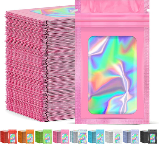 300 Pcs Mylar Bags, Smell Proof Bags Foil Pouch, Holographic Resealable Bags for Small Business, Candy Sample Jewelry Bag Sealable Packaging for Party Favor Food Storage ((2.8x3.9in-Pink)