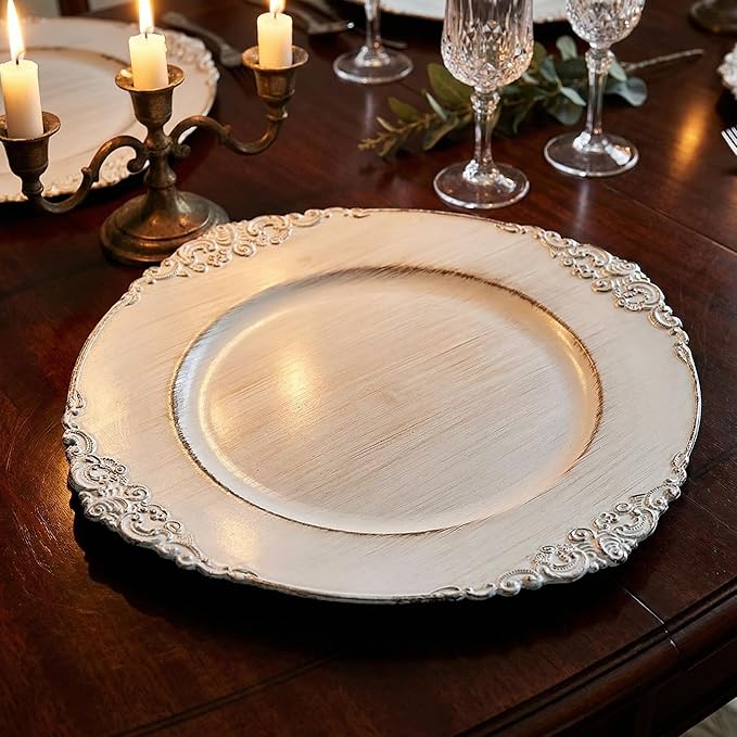 Antique White Charger Plates, 13 Inch Embossed Chargers for Dinner Plates. Set of 6 Plastic Charger for Wedding, Party,Elegant Tableware Chargers Decoration.