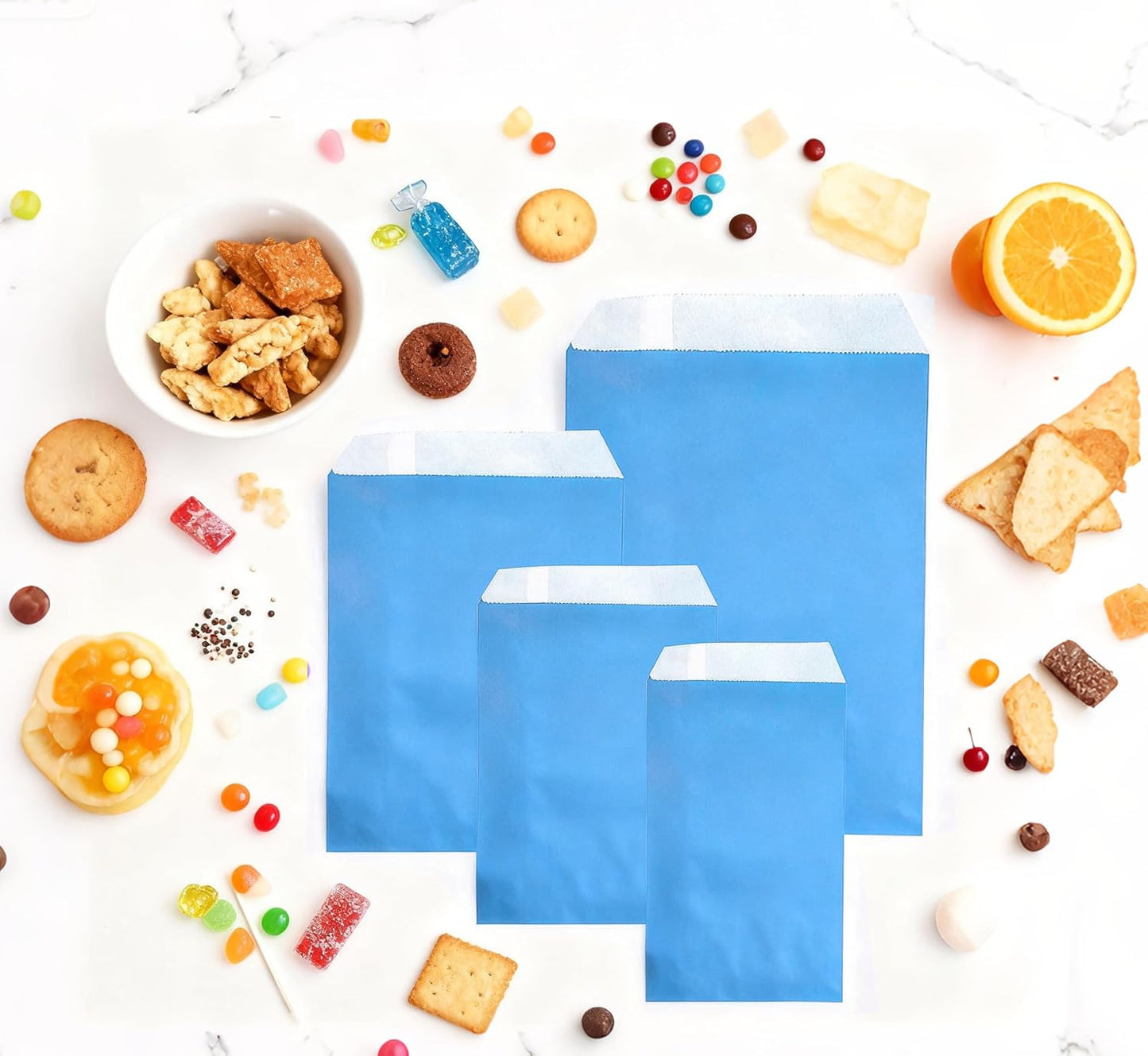 AZOWA Blue Paper Treat Bags 6 x 3 Paper Blue Candy Bags for Candy Buffet (100 CT, 6 x 3 IN)