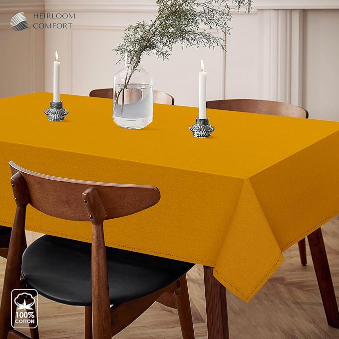 Mustard Yellow Cotton Table Cover, 60x102 Inch, Fits 8-10 Seats, Soft, Durable, Washable, Wrinkle Resistant, Rectangle Table Cloth for Summer Gatherings, Festive Meals, Dining Decor