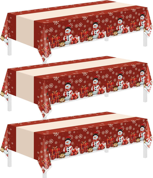 Childom 3 Pack Christmas Tablecloths,Disposable Plastic Tablecloths 54" x 108" Christmas Decorations,Xmas Snowman Table Cloths for Party Supplies,Plastic Table Covers for Home,Dinner,Indoor or Outside