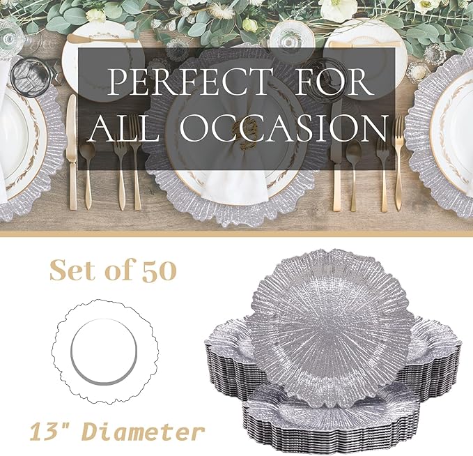 MAONAME 13" Silver Charger Plates Set of 50, Reef Plate Chargers Bulk, Round Charger for Dinner Plates, Plastic Table Chargers for Wedding Decor