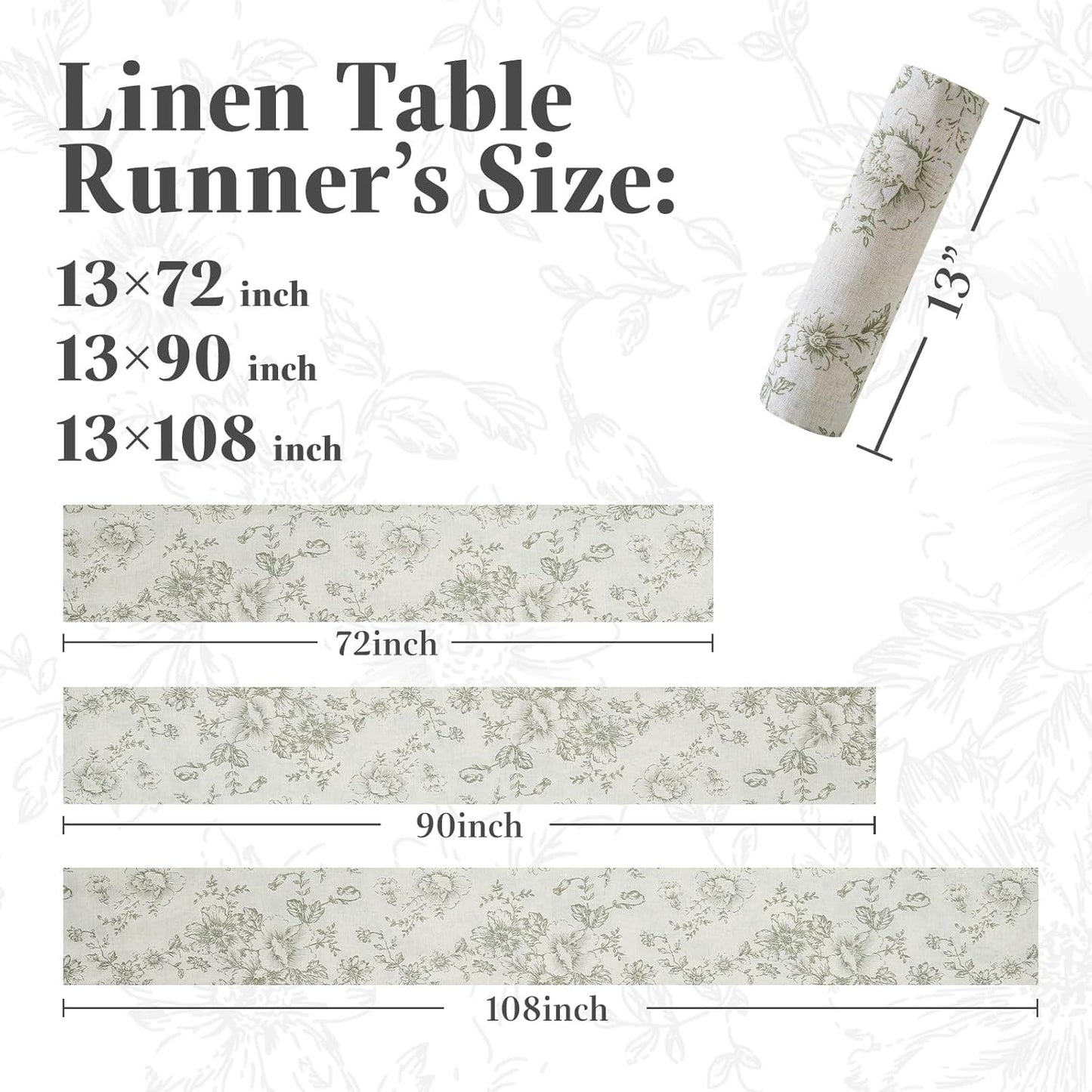 jinchan Floral Linen Table Runner for Kitchen Farmhouse Table Cloth with Sage Flower Print 13 x 72 Inch Beige Linen Blend Cloth for Kitchen Dining Table Indoor Outdoor Decor 1 Panel