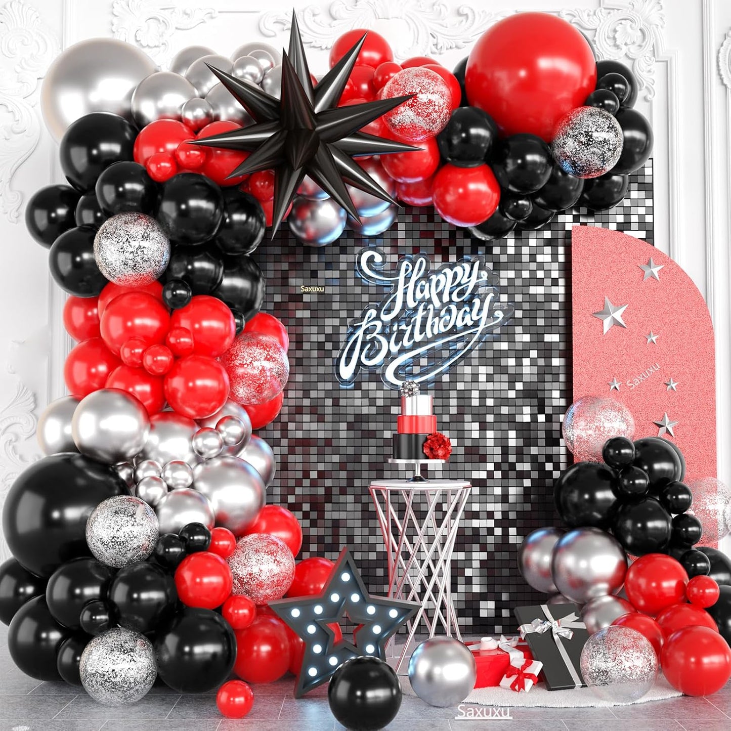 Red and Black Balloon Arch Kit, Red Black Silver Balloons Garland Arch Kit, Star Foil Balloons, Silver Confetti Balloon For Graduation Birthday Anniversary Engagement Party Wedding Decorations