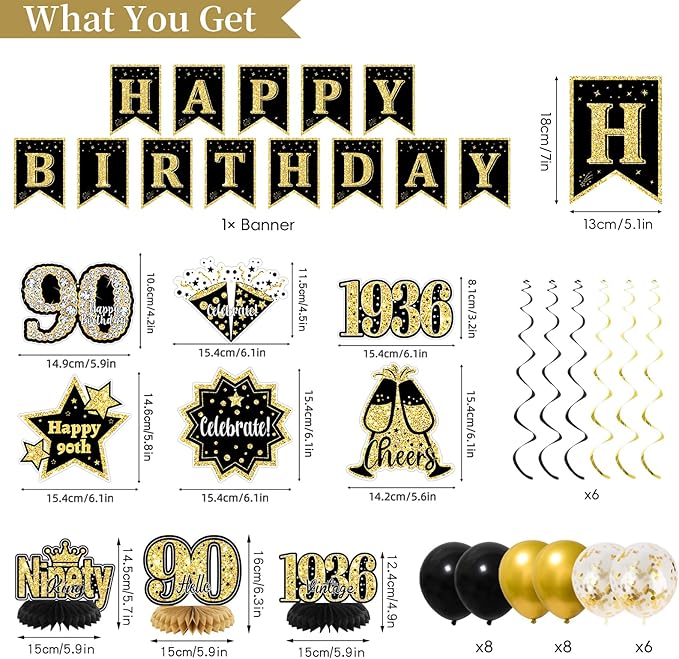 90th Birthday Decorations for Men, Black Gold Back in 1936 Party Supplies Kit with Banner, Backdrop, Sash, Balloons, Cake Topper & Honeycomb Centerpieces, Happy 90 Year Old Birthday Decorations