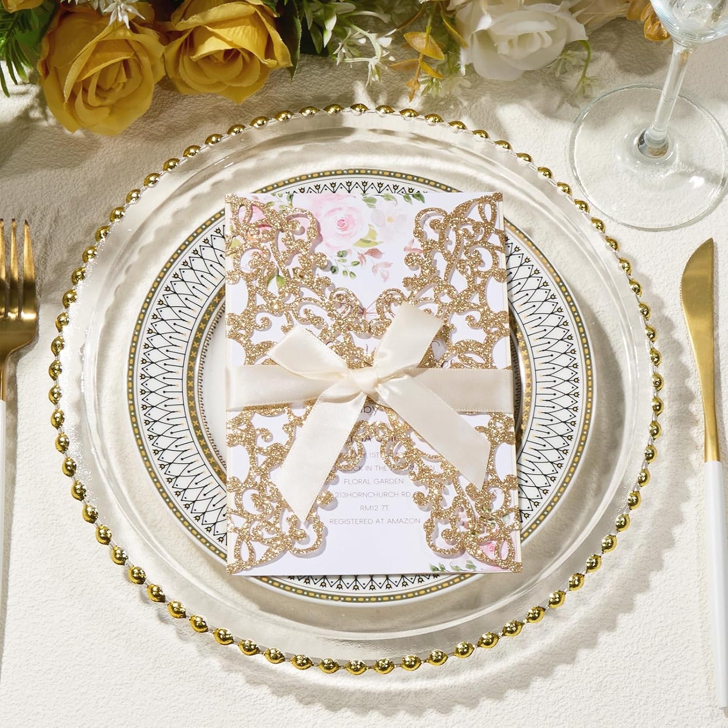 50Pcs Glitter Floral Laser Cut Wedding Invitation Cards with Envelope Blank Inner Sheet and Ribbon for Wedding Engagement Bridal Shower Party Invite(7.09 X 4.92inch, Rose Gold)