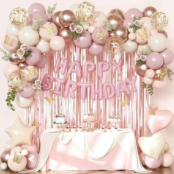 Dusty Pink and Gold Birthday Decorations for Women Girls, Dusty Pink Blush Rose Gold Sand White Gold Foil Confetti Balloons Happy birthday Banner Gold Butterfly Fringe Curtains Birthday Decorations