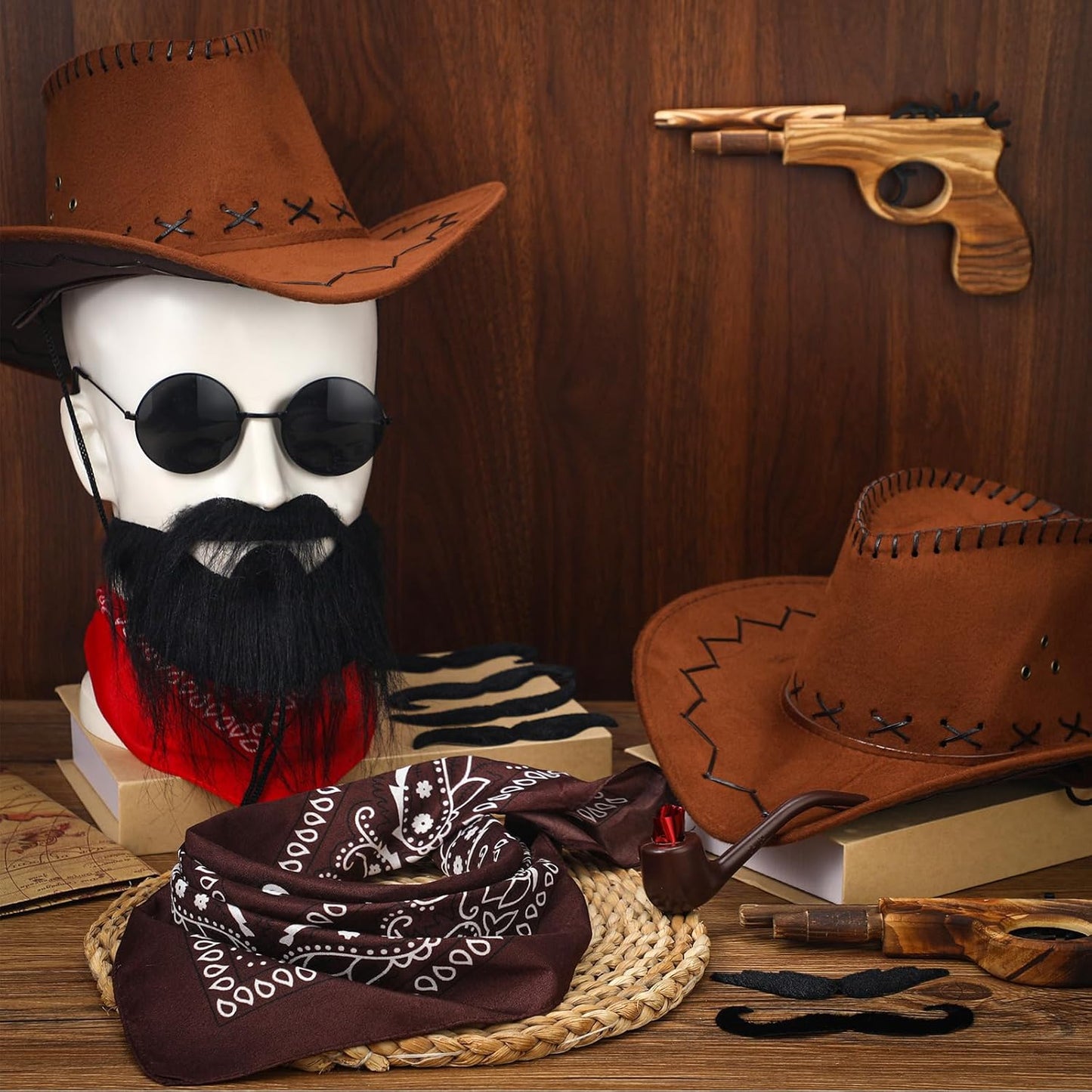 20 Pcs Halloween Western Photo Booth Props Kit Wanted Poster West Cowboy Party Decoration Western Wanted Theme Photo Booth Frame Cowboy Scarf Beard Glasses Hat Set for Halloween West Rustic Party
