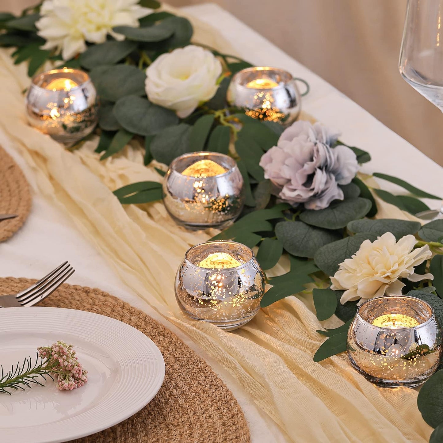 Volens 24PCS Silver Votive Candle Holders for Table Centerpieces, Round Mercury Glass Candle Holders Bulk for Wedding Reception, Birthday, Parties, and Home Decorations