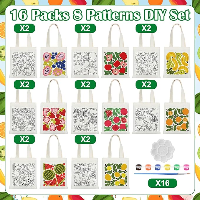 Aliceset 16 Pcs Color Your Own Bag Canvas Tote Bag for Painting 7.9'' x 8.6'' Mini Doodle DIY Craft Gift Reusable Cotton Bulk