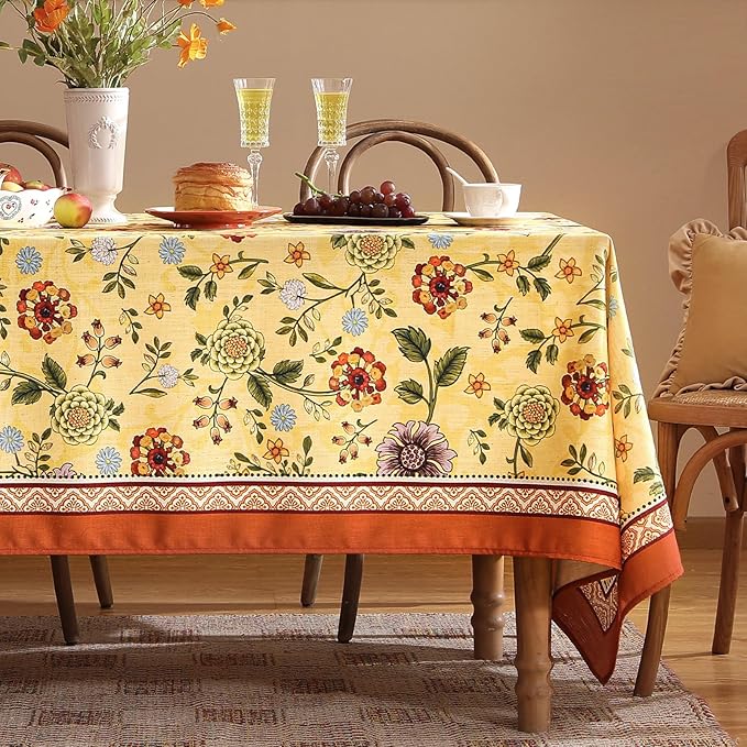 Vintage Linen Tablecloth for Rectangle Table,Yellow Floral French Wrinkle Free Long Tablecloths,Decorative Table Cover for Kitchen,Dining,Thanksgiving,Farmhouse,63" × 102"-Bellano