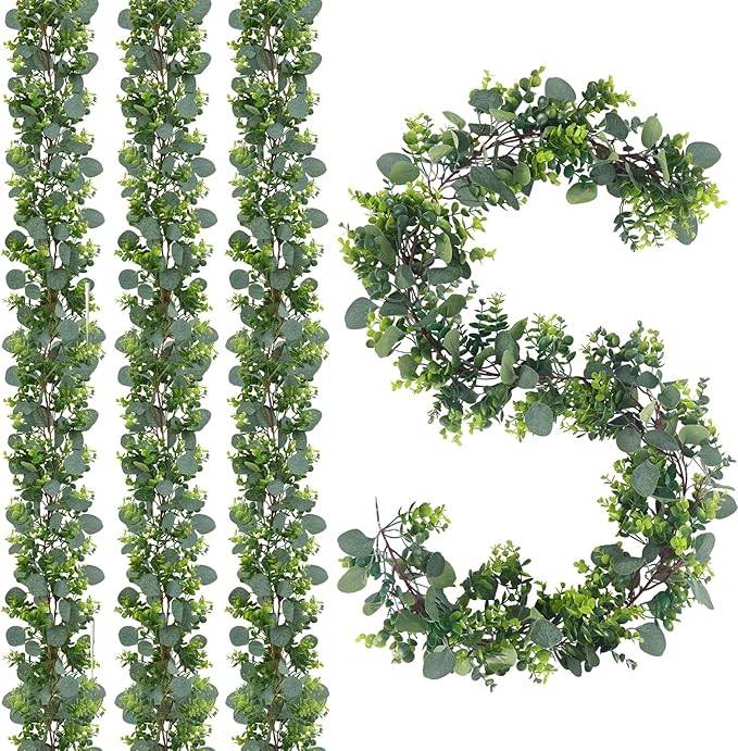 JPSOR 4pcs 26.4ft Artificial Eucalyptus Garland Greenery Garland Fake Eucalyptus Leaves for Wedding Arch Farmhouse Mantle Table Runner Centerpiece Home Party Christmas