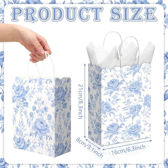 Kolldenn 24 Pcs Hydrangea Floral Party Gift Bags with Handles Paper Candy Treat Goodie Bags Scalloped for Birthday Decoration for Bridal Baby Shower Tea Party Supplies