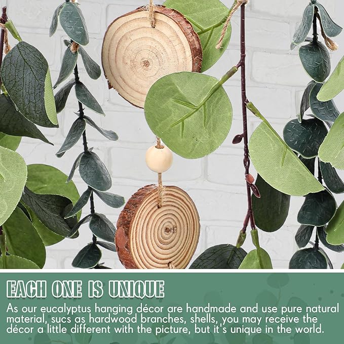 Juexica Artificial Hanging Eucalyptus Wall Decor Boho Bedroom Wall Decor with LED String Light for Home Office Farmhouse Nursery Bathroom Kitchen(Wooden Bead)