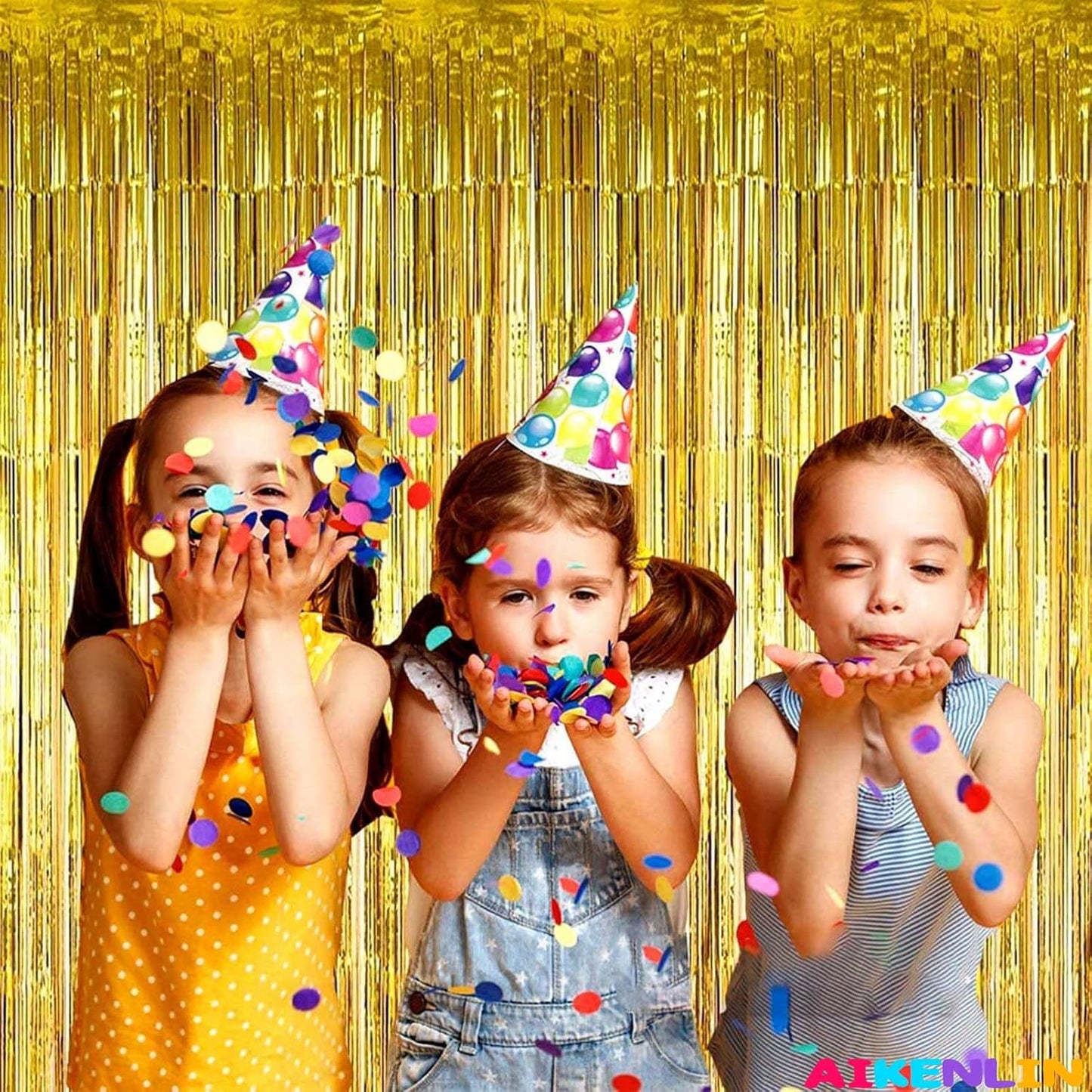 4 Pack 3.3Ft x 6.6Ft Gold Foil Fringe Curtain Backdrop, Metallic Tinsel Foil Fringe Streamers Curtains Background for Photo Booth, Birthday, Wedding, Halloween, Christmas Party Decoration