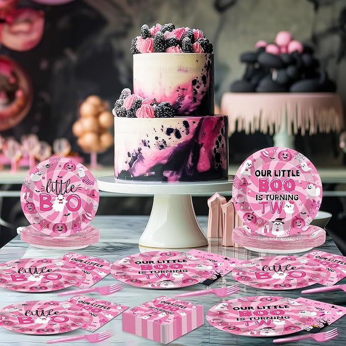 96pcs Halloween Pink Ghost Party Supplies - Boo 2nd Birthday Paper Plates, Napkins, Decoration, Dinnerware, Favor, Tableware - Serve 24