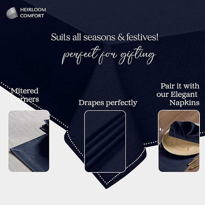 Navy Blue Table Cover, 100% Cotton Tablecloth 60x84 Inch, Fits 6-8 Seats, Soft, Durable, Washable, Wrinkle Resistant, Rectangle Table Cloth for Dining, Holiday Celebrations, Dinner