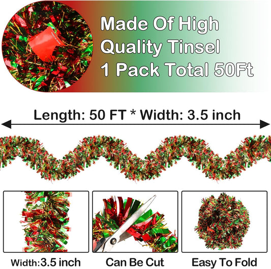 50 Feet Metallic Twist Tinsel Garland - Shiny Hanging Ornaments for Christmas Tree Indoor/Outdoor Decor (Red, Green, Gold)