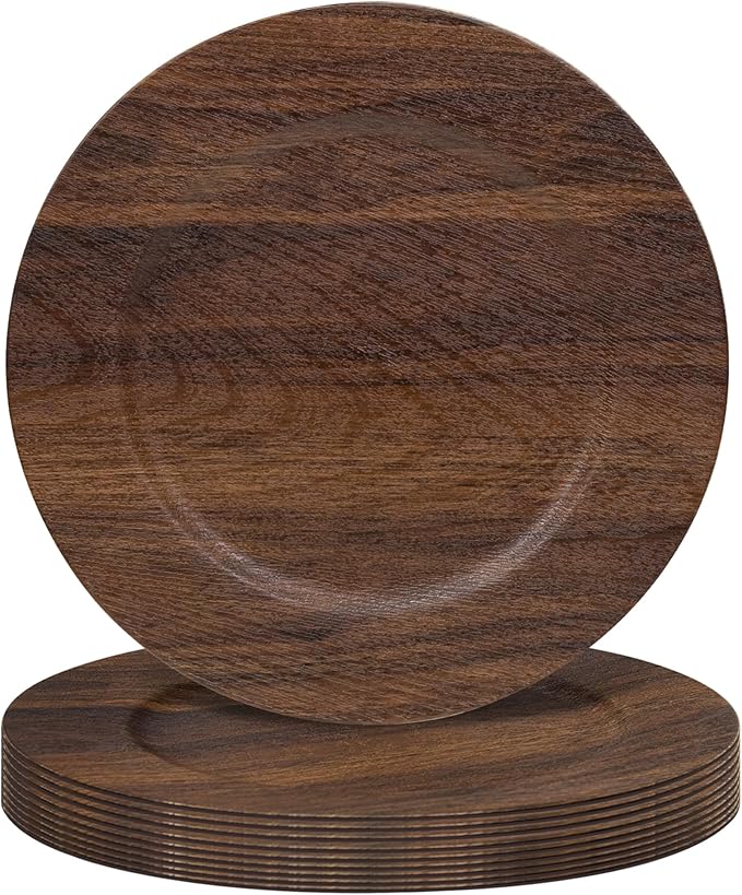 JEVERGN 10 Pack Farmhouse Charger Plates, 13'' Faux Wood Chargers for Dinner Plates, Brown Plate Chargers Set of 10, Round Plastic Charger for Wedding, Party Event, Dinner, Table Setting