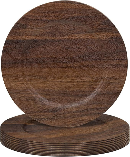 JEVERGN 10 Pack Farmhouse Charger Plates, 13'' Faux Wood Chargers for Dinner Plates, Brown Plate Chargers Set of 10, Round Plastic Charger for Wedding, Party Event, Dinner, Table Setting