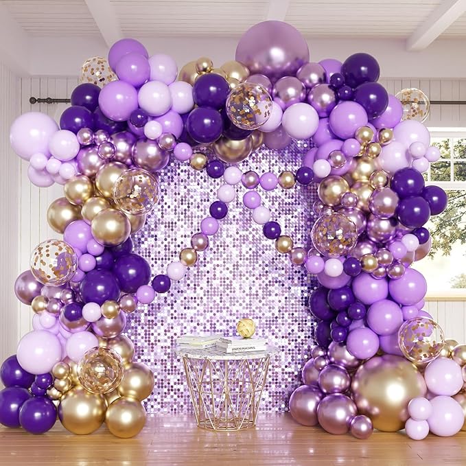 Purple Balloon Garland Arch Kit, 162pcs Dark Purple Lavender Light Pastel Purple Chrome Gold Confetti Balloons for Wedding bridal shower Mothers Day Princess Birthday Butterfly Party Decorations