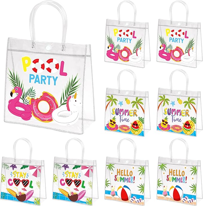 H1vojoxo Hello Summer Gift Bags - 24PCS Summer Pool Party Favor Clear Gift Bags with Handles 7.9x3.2x7.9 Inch Pool Clear PVC Gift Bag 4 Styles Waterproof and Reusable Beach Goodie Treat Party Tote Bag