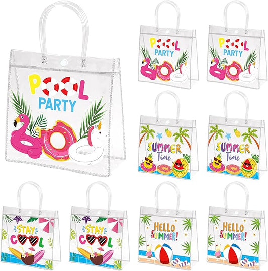 H1vojoxo Hello Summer Gift Bags - 24PCS Summer Pool Party Favor Clear Gift Bags with Handles 7.9x3.2x7.9 Inch Pool Clear PVC Gift Bag 4 Styles Waterproof and Reusable Beach Goodie Treat Party Tote Bag