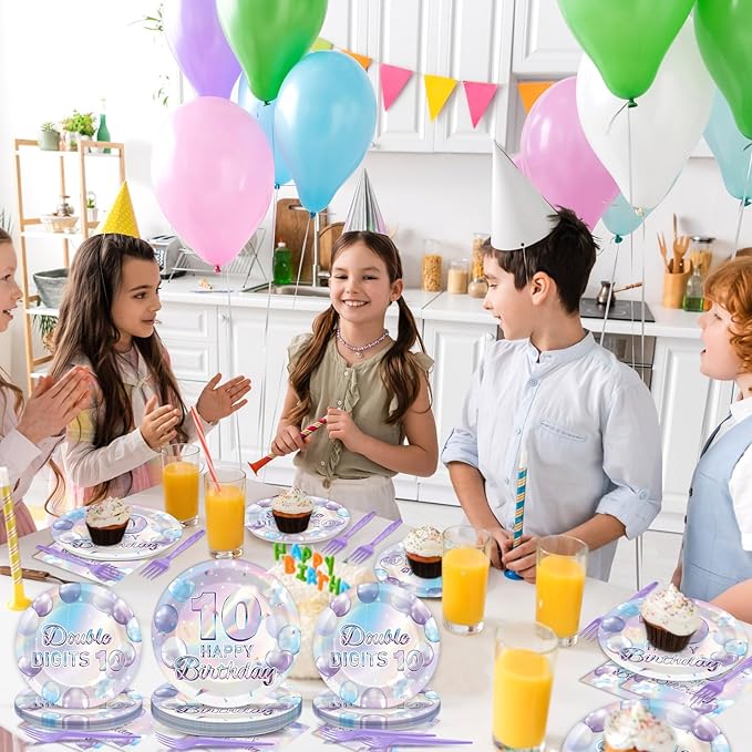 96Pcs Iridescent 10th Birthday Paper Plates and Napkins for Double Digits Party Dessert Cake Plates Disposable Decor 10 Years Old Parties Set for Kids Girls Boys 10-Year-Old Birthday Decorations