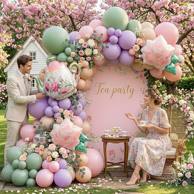 Tea Party Balloon Garland Kit 150Pcs – Pink Sage Green Pastel Purple Balloons with Teapot & Floral Foil – Garden Party Decorations, Baby Shower, Bridal Shower, High Tea, Let's Partea Decor