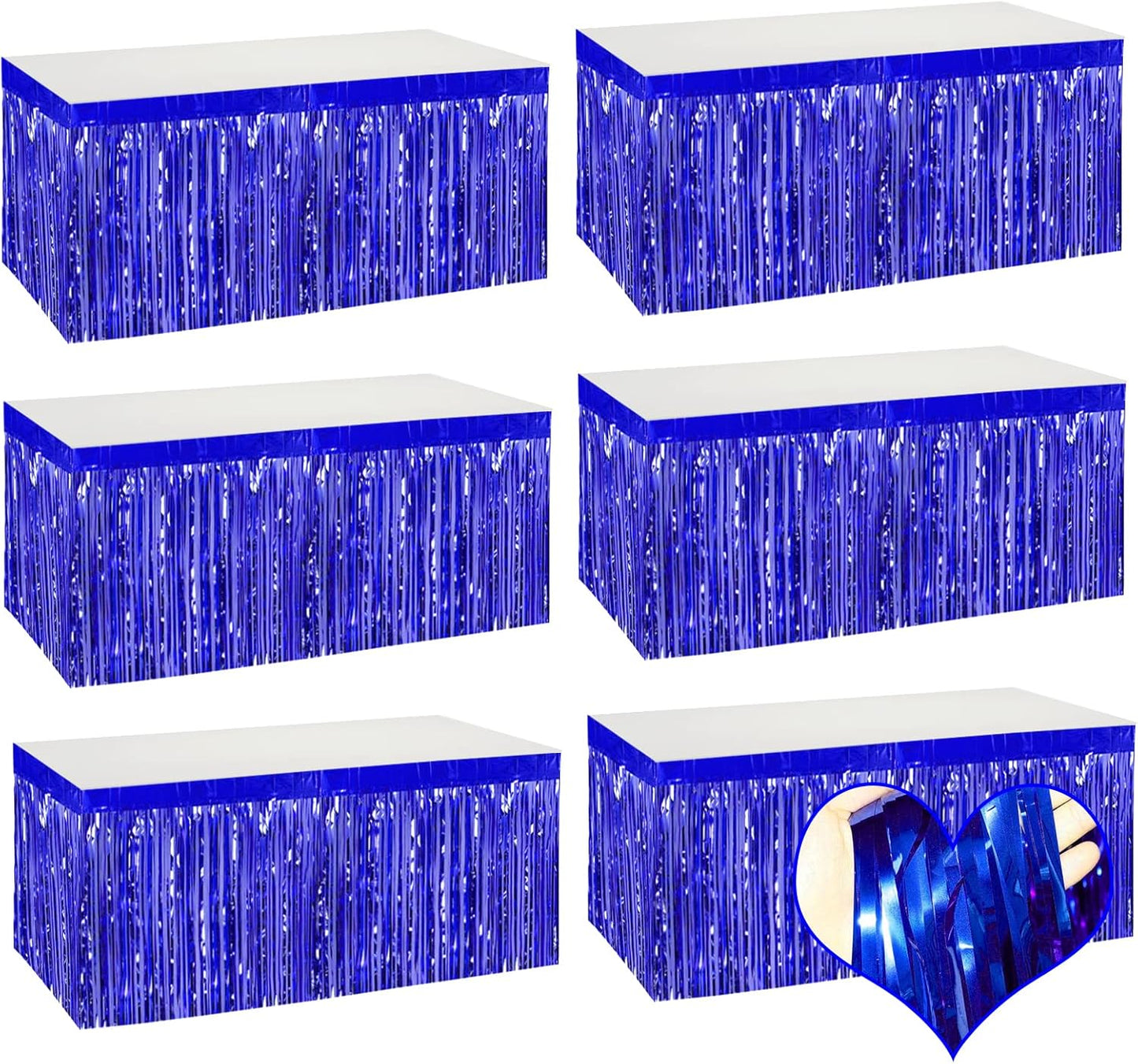 6 Pack 29x108 Inch Blue Metallic Foil Fringe Table Skirts Banner for Tinsel Streamer Garland Curtains Backdrop for Parade Floats Wedding Baby Shower Birthday Christmas Halloween Party Decoration