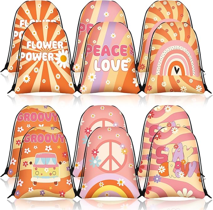 Abbylike 12 Pcs Groovy Party Favors Drawstring Bags Boho Party Favor Backpack Retro Hippie Daisy Flower Treat Groovy Goodie Bag for Girls 60's 70's Birthday Shower Wedding Gift Decorations Supplies