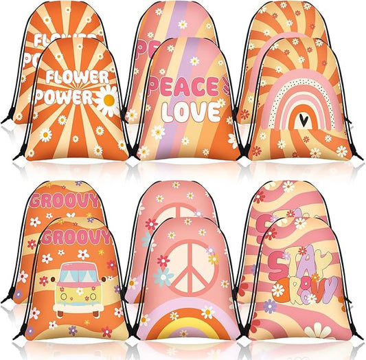 Abbylike 12 Pcs Groovy Party Favors Drawstring Bags Boho Party Favor Backpack Retro Hippie Daisy Flower Treat Groovy Goodie Bag for Girls 60's 70's Birthday Shower Wedding Gift Decorations Supplies