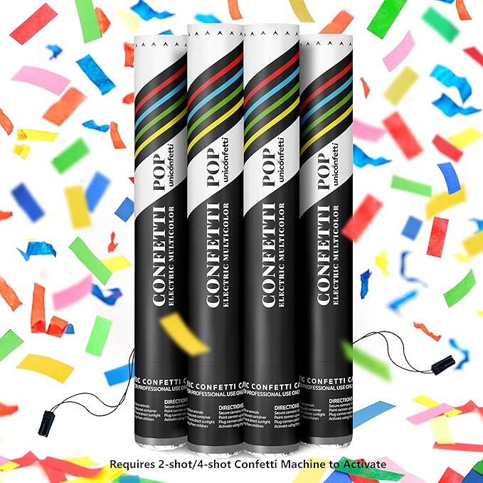 Electric Confetti Cannon Cartridges, 4 PIECES — 16" Multicolor Poppers for Weddings, Parties, Events | Requires 2-Shot/4-Shot Confetti Machine to Activate