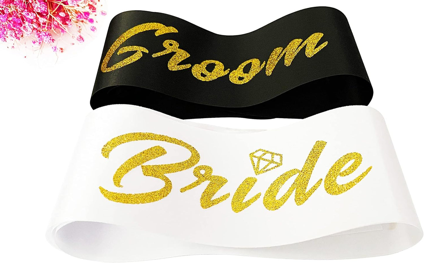 Bride and Groom to Be Sash Set, White and Black Satin Soft Sashes with Gold Glitter Letter for Bridal Shower Engagement Bachelorette Party Decorations Supplies