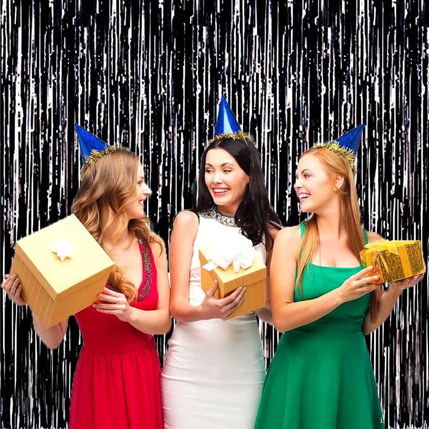 4 Pack Black Foil Fringe Curtain Backdrop, 3.28Ft x 8.2Ft Metallic Tinsel Streamers Curtains for Party, Photo Booth Props, Birthday, 2022 Mother's Day Decor Supplies, One Size
