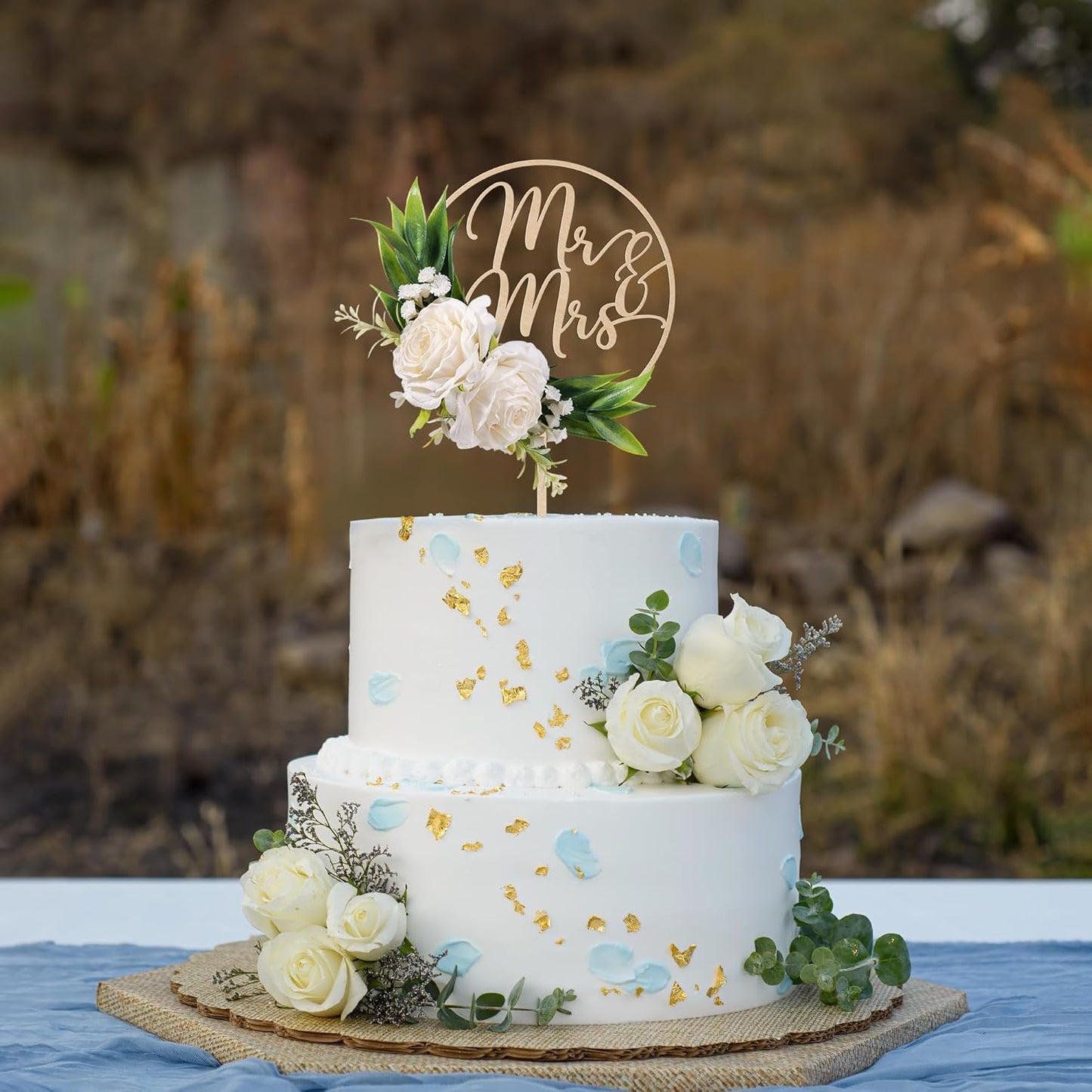 Mr & Mrs Wedding Cake Topper with 3D Artificial White Flowers and Green Leaves Wooden Cake Decoration for Wedding 3D White Roses