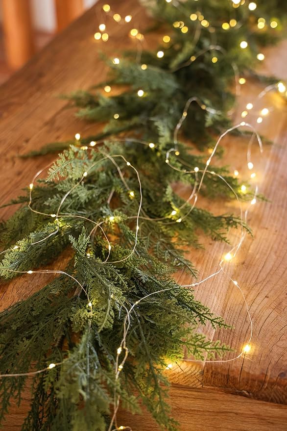 9ft Handmade Christmas Garland with LED String Lights,Cedar Artificial Greenery,Seasonal Garland for Fireplace Winter Holiday Indoor Outdoor Decoration