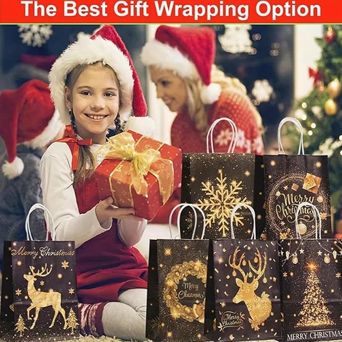 piqiya 24pcs Black Gold Christmas Gift bags with Handles,Christmas Party Favors Bags,Paper Xmas Elk Snowflake Candy Treat Bags,8.2×5.9×3.1inch(6 designs)