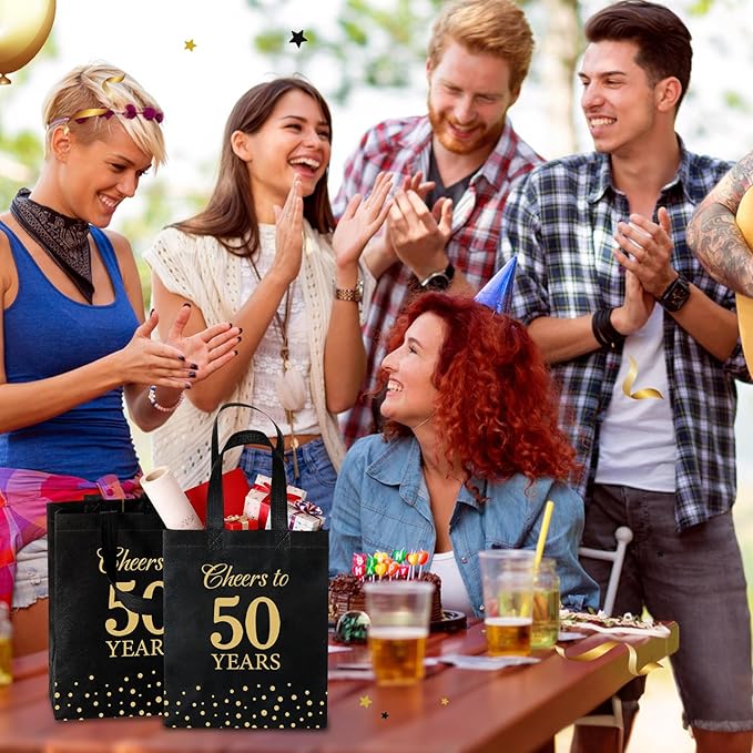 Supervitae 24 Cheers to 50 Years Gift Party Bags Medium Black and Gold Party Decoration Supplies Reusable Non Woven Totes for Birthday Anniversary Wedding Favor(9.8" x 7.9" x 3.9")