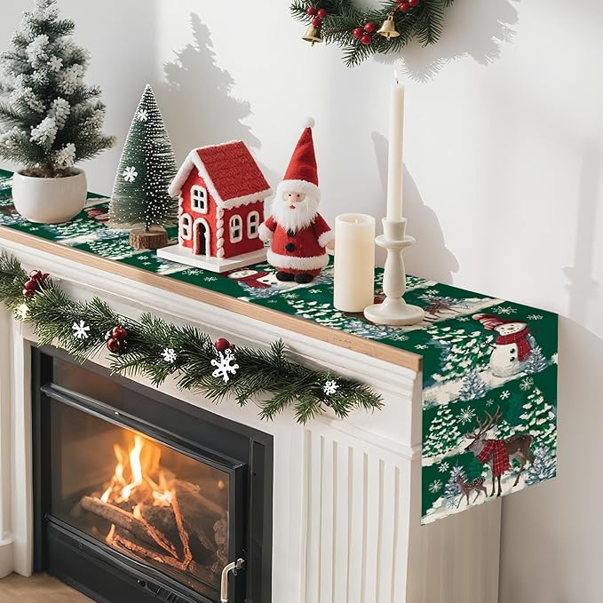 Artscope Reindeer Snowman Christmas Tree Table Runner, Xmas Winter Snowflakes Holiday Kitchen Dining Table Decoration for Christmas Home Party Decor 13x60 Inch-Green