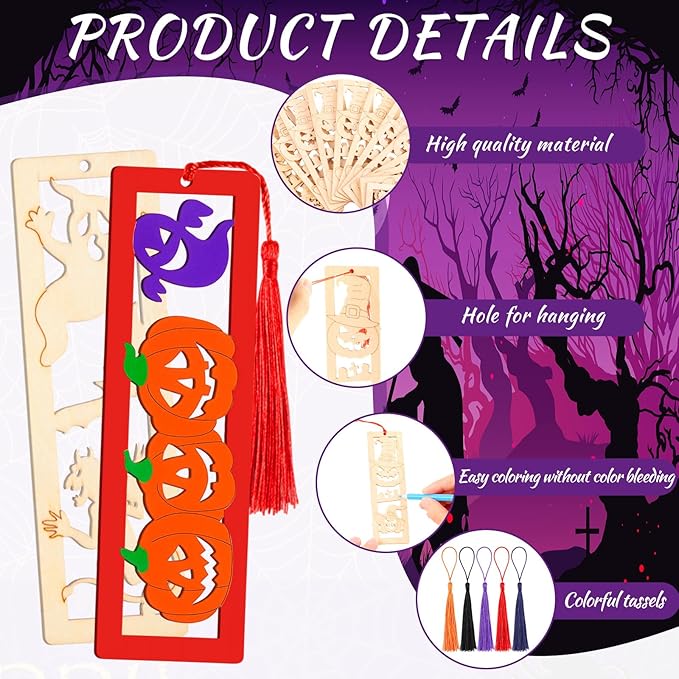 Yexiya 100 Pcs/50 Set Halloween Bookmark, DIY Wooden Bookmarks Bulk for Book Lovers, Halloween Bookmarks Decoration, Ghost Skull Witch Book Markers Art Set for Birthday Holiday Gift Art Project