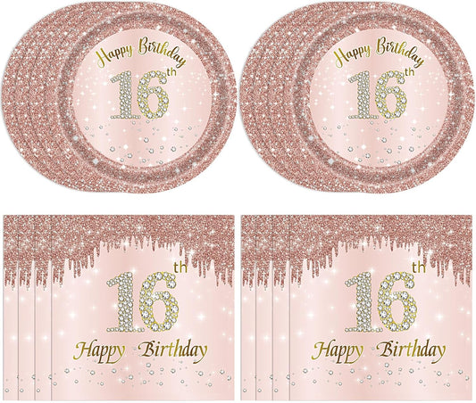 16th Birthday Party Decorations for Girls Pink Rose Gold Theme Birth Supplies Include 20 Plates 20 Napkins Sweet Sixteen Years Old Birthday Party Tableware for Girls Kids Children