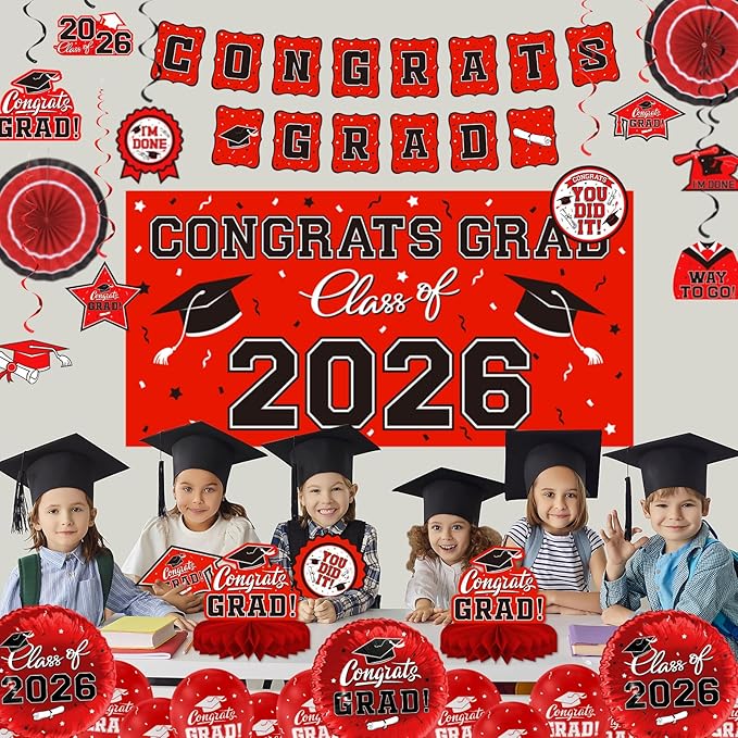 Red Themed 2026 Graduation Decorations Set - Congrats Grad Banner, Class of 2026Backdrop, Balloons & Streamers Kit - Complete Party Supplies for High School & College Celebrations