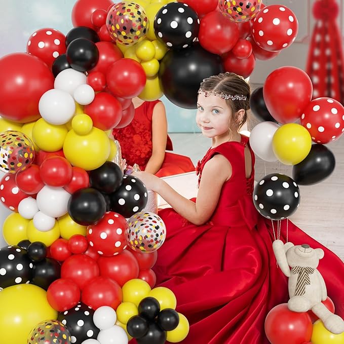 Amandir 153pcs Red Yellow Black Balloon Garland Arch Kit, Different Sizes 18 12 10 5 inch Red Yellow Black Dot Latex Confetti Balloons for Cartoon Mouse Birthday Party Decoration