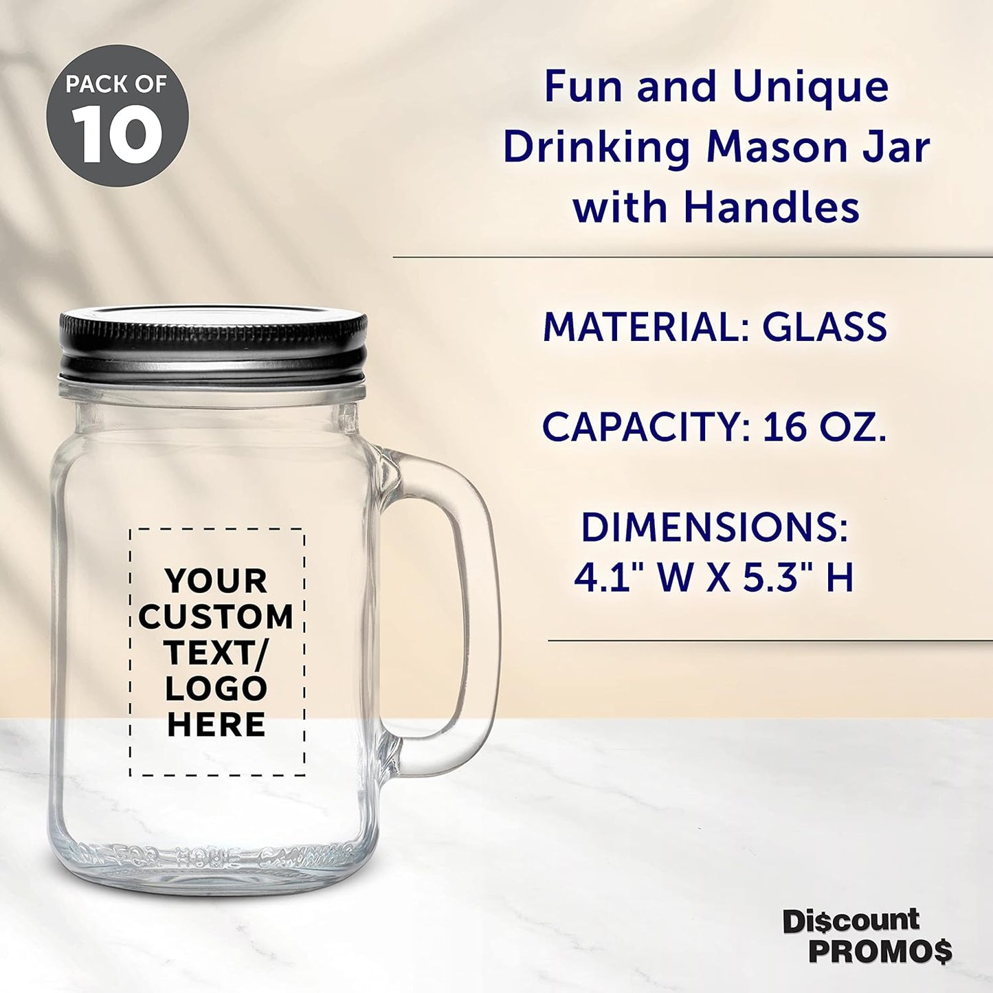 DISCOUNT PROMOS Custom Libbey Handle Mason Jars w/Lids 16 oz. Set of 10, Personalized Bulk Pack - Traditional style, High standard - Clear