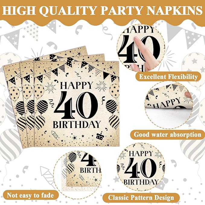 96Pcs 40th Birthday Party Paper Plates and Napkins for Back in 1986 Themed Party Supplies Vintage 40 Year Old Dessert Plates 40th Tableware for Men Women Birthday Gatherings Decorations
