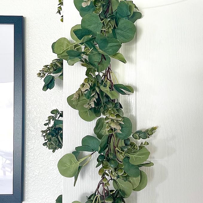 5.9ft Eucalyptus Garland with Seeded Leaves & Berries | Realistic Artificial Greenery Garland for Mantle, Wedding, Farmhouse, Christmas & Year-Round Décor | Faux Eucalyptus & Seeded Garland