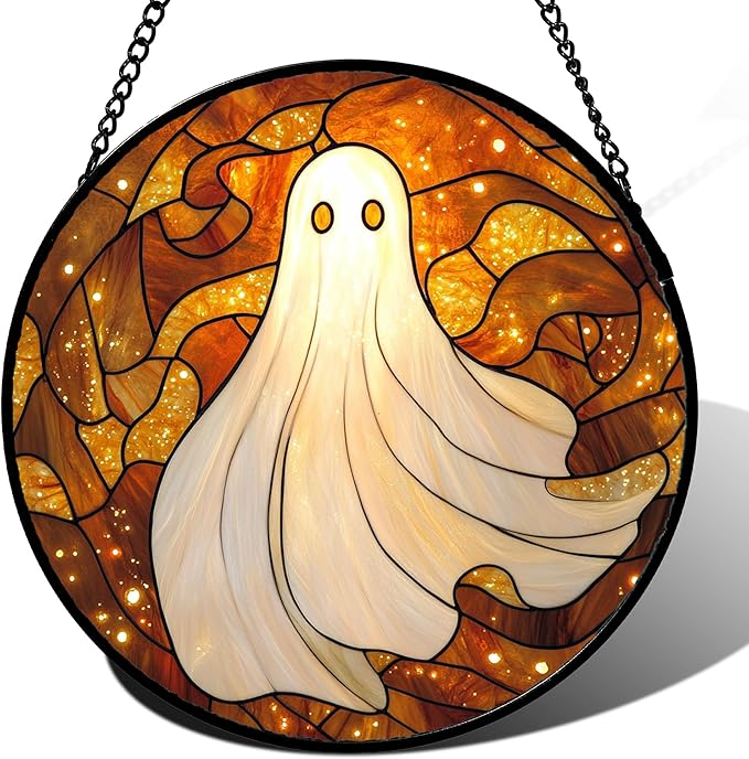 Stained Glass Window Hanging - Halloween Decoration White Ghost Robe Suncatcher for Door Garden Spooky Starry Sky Sun Catchers Gothic Decor Horror Gifts for Women Men Friend Boy Girl 11.8 in