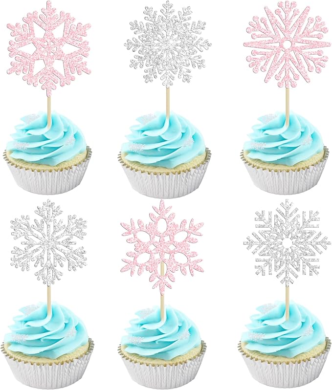 36Pcs Snowflake Cupcake Toppers Glitter Winter Frozen Theme Snowflake Cupcake Pick Decorations for Baby Shower Kids Birthday Christmas Party Decorations Supplies Light Pink Silver